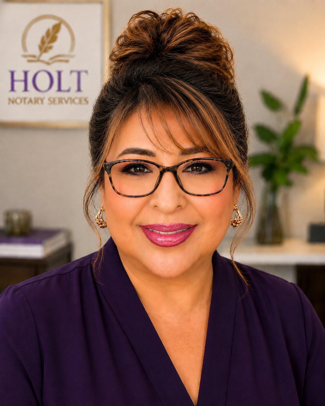 Professional woman with dark hair in a bun, glasses, and pink lipstick wearing a dark purple blazer in front of a Holt Notary Services office background